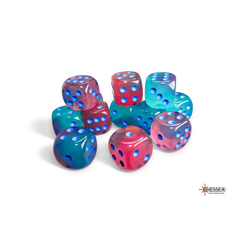 Set de 12 dés D6 - 16mm - Gemini Gel Green - Pink / Blue