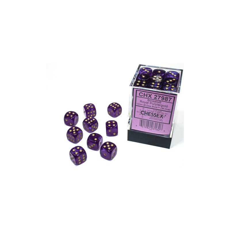 Set de 36 dés D6 - 12mm - Borealis Royal Purple / Gold Luminary