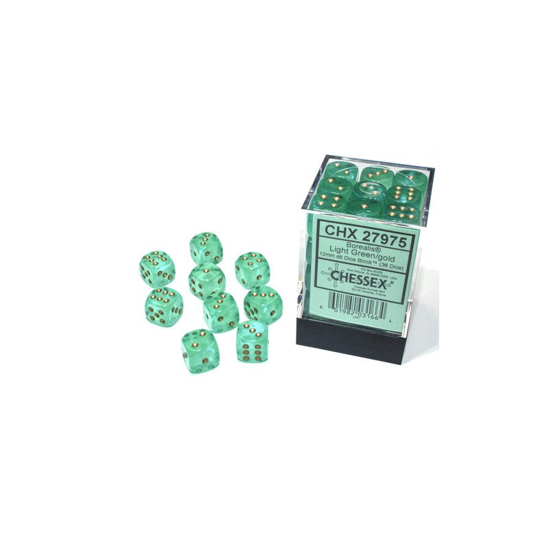 Set de 36 dés D6 - 12mm - Borealis Light Green / Gold Luminary