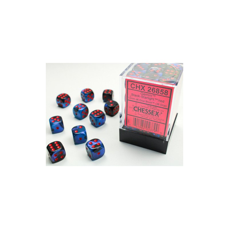 Chessex Gemini Würfel – 12mm D6 Mit Punkten, 36 Stück, Black-Starlight Mit Rot