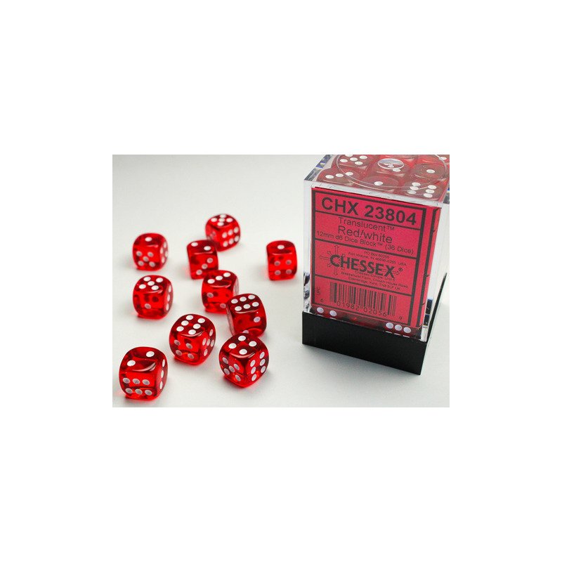 Set de 36 dés D6 - 12mm - Translucent Red / White