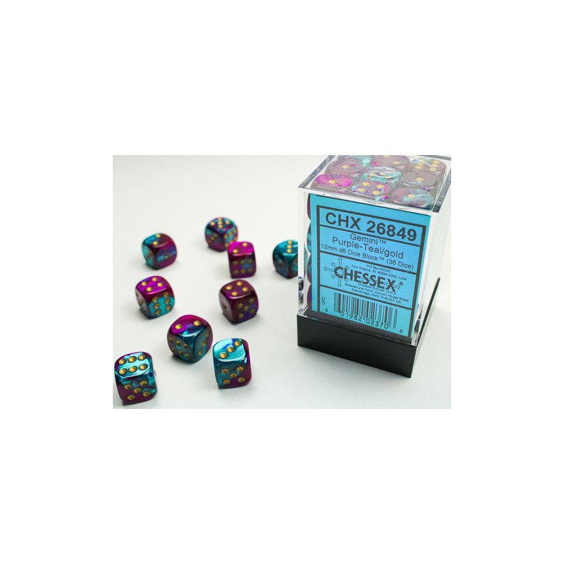 Set de 36 dés D6 - 12mm - Gemini Purple - Teal / Gold