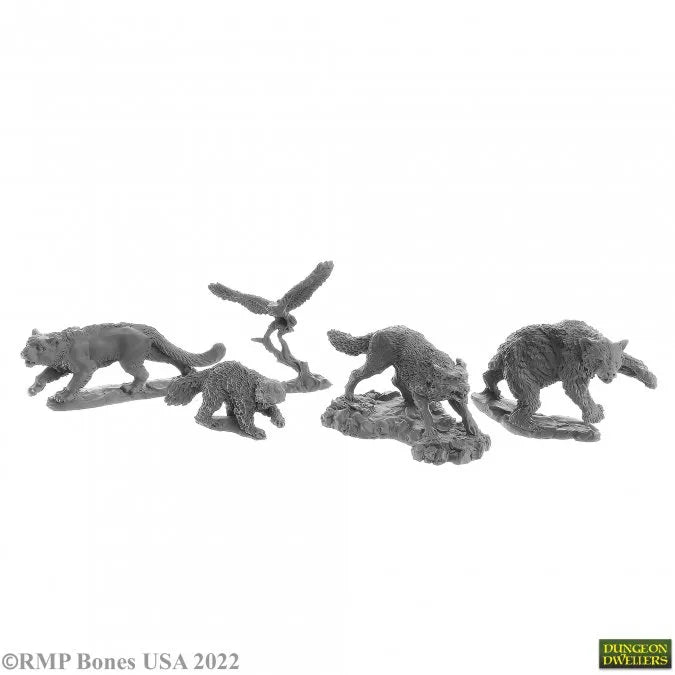 figurines de compagnons animaux pour rodeurs et druides: puma ours loup blaireau et rapace