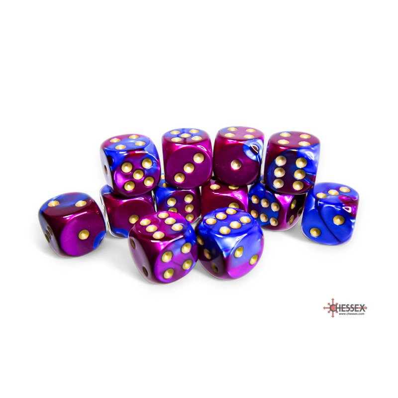 Set de 12 dés D6 - 16mm - Gemini Blue - Purple / Gold