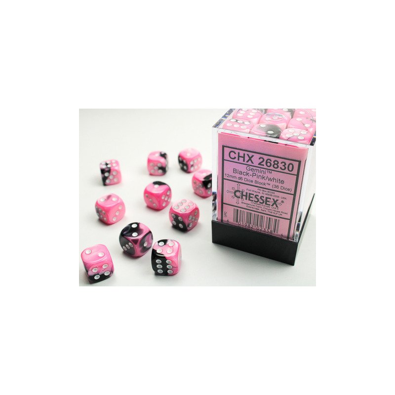 Set de 36 dés D6 - 12mm - Gemini Black - Pink / White