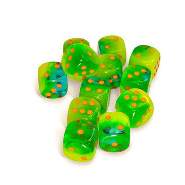 Set de 12 dés D6 - 16mm - Gemini Plasma Green - Teal / Orange