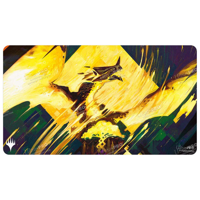 un tapis dej eu pour magic représentant un dragon abzan aux ailes dorées sur fond géométrique bleu et vert